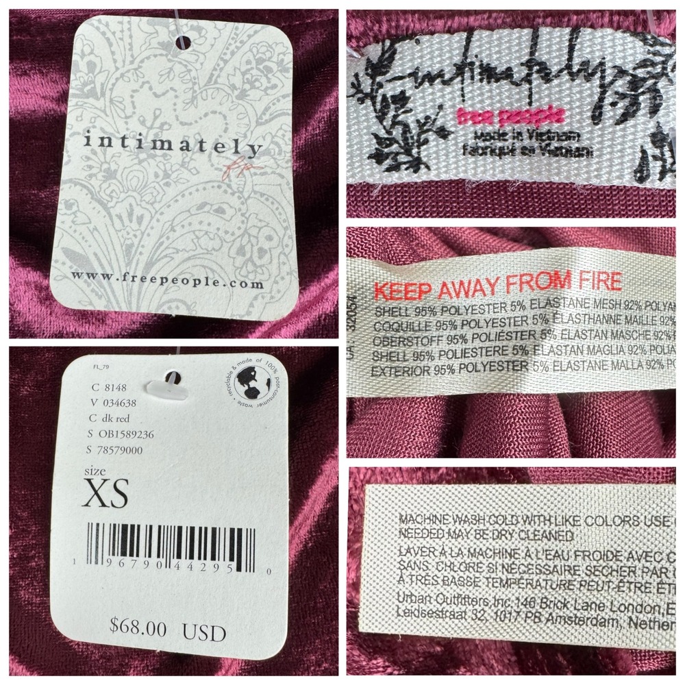 Free People Intimately Duvet Days Velvet Top Dark Red XS Open Back Puff Sleeve - Picture 7 of 12